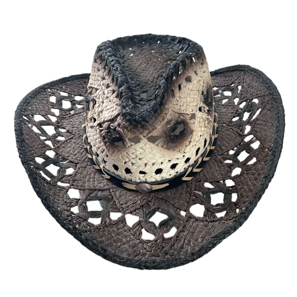 Woven Cowboy Cowgirl Hat S/M Brown White Leather Band Concho Unisex - Picture 3 of 10